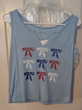 L Vinyl Icons - Brand Light Blue Sleeveless Top with Red, White & Navy Bows